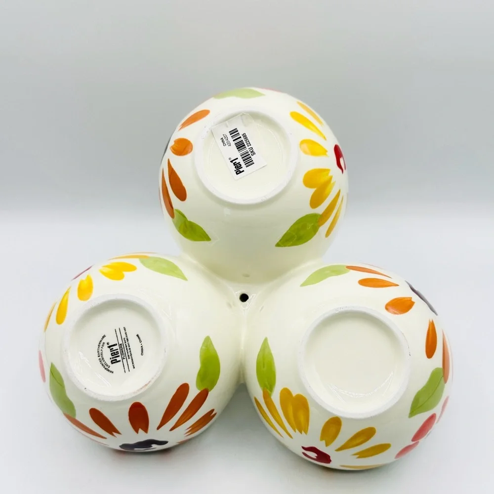 Pier 1 “Flowers” PER178 Colorful 3 Bowl unit with Handle. Earthenware NWT